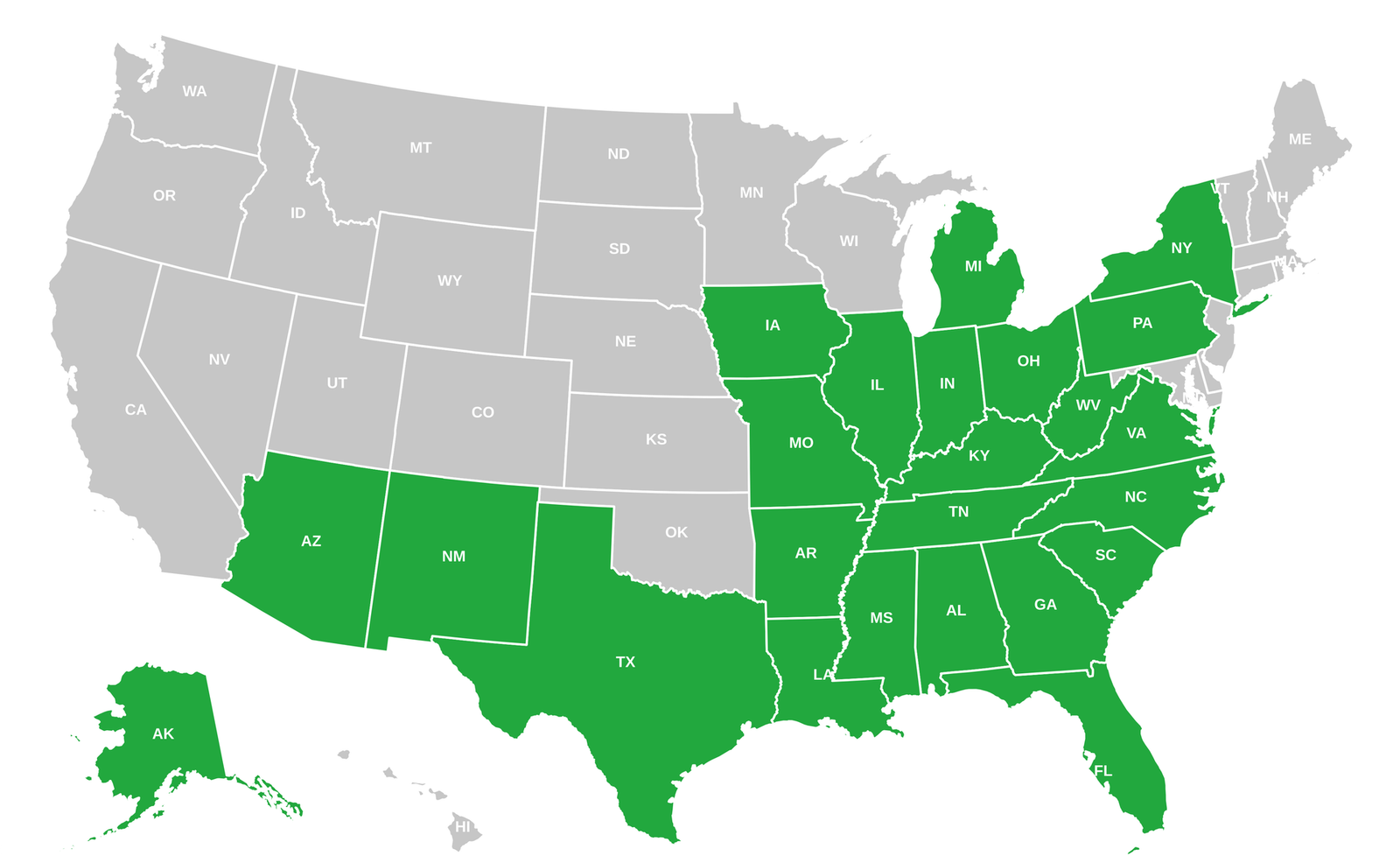 Asphalt Asset Management coverage map of the United States showing 39 covered states